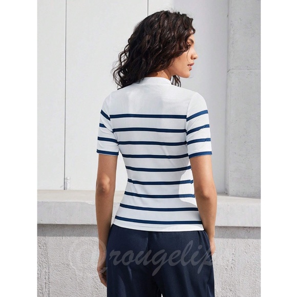 Striped Blue on White Slim Short Sleeve Tee Shirt High Neck - Picture 8 of 10